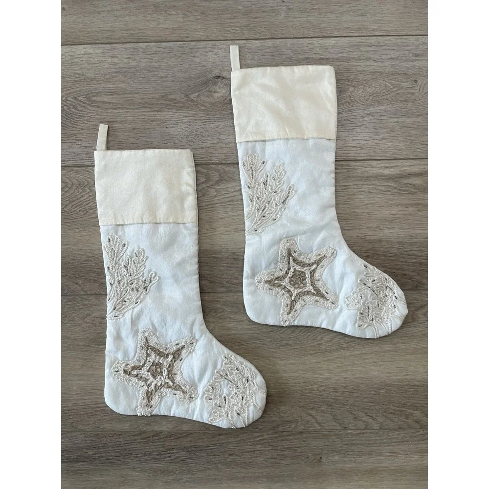 Set of 2 Lg Cream White Beach Nautical Christmas Stockings Coral Starfish Beaded